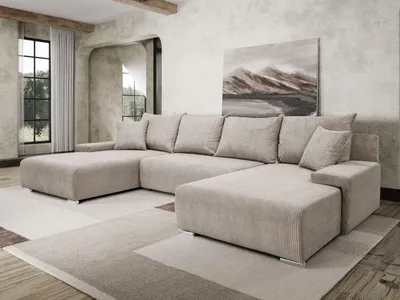 Image de Margaret Hadas24 Canapé d'angle en U Canapé d'angle Lauren 348x188cm avec fonction sommeil et coffre de rangement, 5 places, porte-couverture, Big Sofa, canapé d'angle, velours côtelé, beige