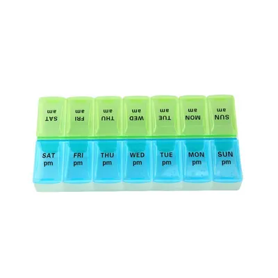 Produktbild von Tragbare 14-Fächer Medikamentenbox, luftdicht, PP-Material, große Kapazität, stoßfest, für Reise & Zuhause, Blau-Grün