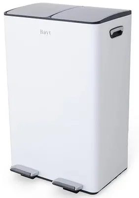 Imagen del producto de Cubo de basura de 60 litros, acero inoxidable, con 2 compartimentos, sistema de cierre suave, con pedal, color  y plateado