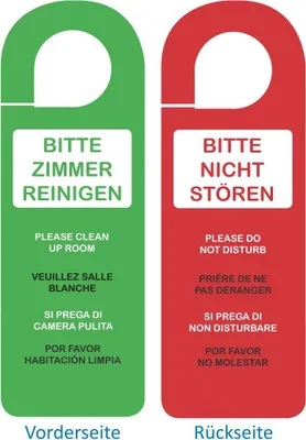 Produktbild von 12 Stück Türschild Türhänger BITTE ZIMMER AUFRÄUMEN, BITTE NICHT STÖREN, DO NOT DISTURB, PLEASE CLEAN UP ROOM, 5 Sprachen, Deutsch, Englisch, Französisch, Italienisch und Spanisch, beidseitig bedruckt und folienkaschiert, Größe 10,2 x 28 cm