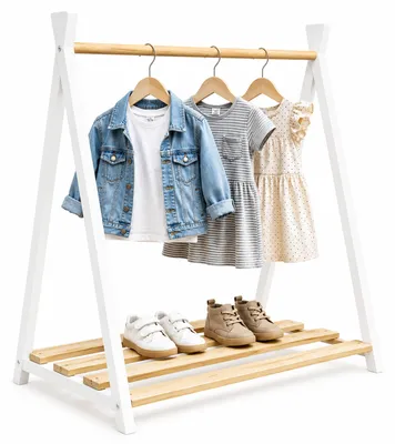 Image de Relaxdays, porte-vêtements pour enfants, en bois de pin, avec barre de suspension et étagère, dimensions (H x L x P) : 111,5 x 112 x 48 cm, pour chambre d'enfant, couleur : naturel/blanc