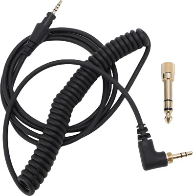 A coiled black audio cable with a 3.5mm jack on one end and a 6.35mm adapter on the other, shown against a white background.