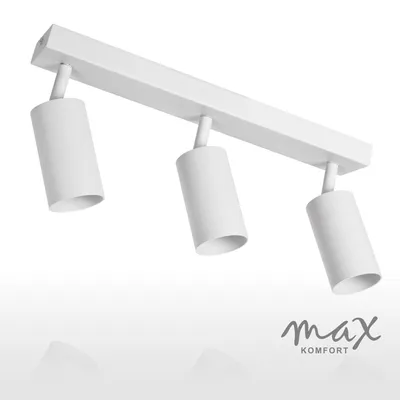 A white three-headed ceiling spotlight on a white background with a reflection.