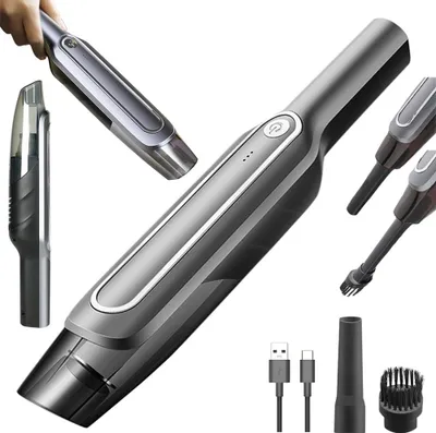 A collage of a cordless car vacuum cleaner and its accessories, with a hand holding one of the vacuum cleaner attachments.