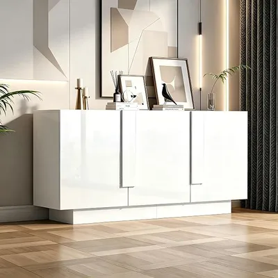 Obrázok produktu pre Komoda šírky 160 cm, kuchynská skrinka s 3 dvierkami, lesklá komoda do kuchyne, bufetová skrinka s nastaviteľnými poličkami, široká pracovná doska, viacúčelová skrinka do kuchyne, obývačky alebo jedálne, biela