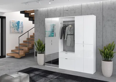 Produktbild von Projekt X Kompaktgarderobe mit Spiegelschrank, 183 x 193 cm, Weiß / Weiß Hochglanz