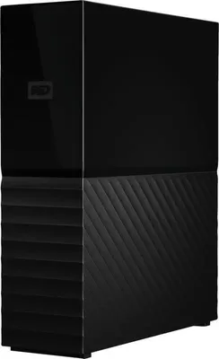 A black external hard drive is shown from a three-quarter angle against a white background.