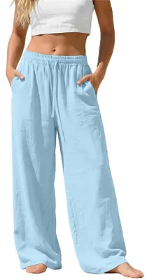 Produktbild von ASKSA Damen Leinenhose Sommer Lang Leichte Hose Musselin Weites Bein Stoffhose Einfarbig Freizeithose mit Taschen Blau XL