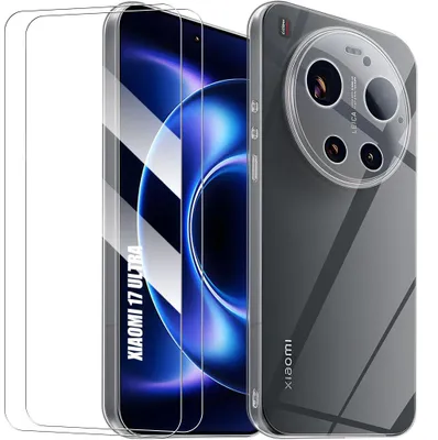 Image de Coque + 2 Verres Trempés pour Xiaomi 17 Ultra, Silicone Antichoc Anti-Rayures Slim Transparent