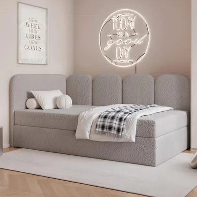 Produktbild von Jugendbett FINO 120x200 Links Bettkasten Bonellmatratze Kühles Beige Bouclé