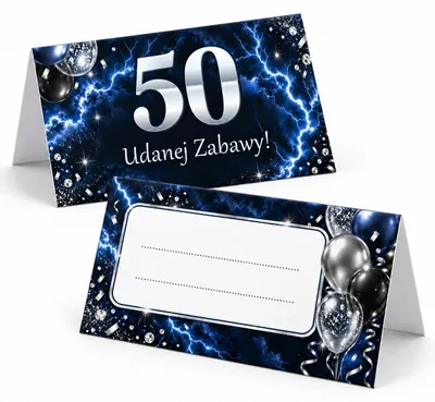 Obrázek produktu pro Skládací jmenovky na stůl – 50. narozeniny – Námořnická modrá, stříbrná a blesky – 6 ks