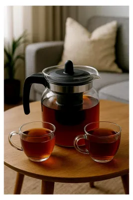 Produktbild von Teekanne aus hitzebeständigem Glas mit 1,5 L und Teesieb, Transparent/Schwarz