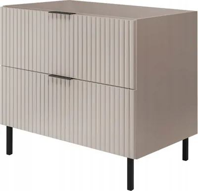 A beige washbasin cabinet with two drawers and black legs, shown against a white background.