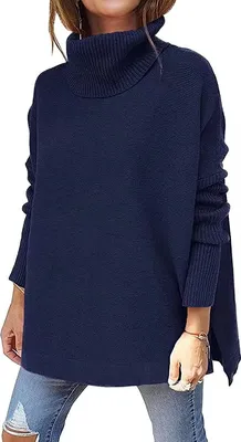 Image de ASKSA Pull à col roulé pour femmes Pull uni à manches chauve-souris, bleu foncé, L