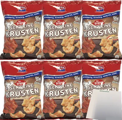 Produktbild von XOX Schweinekrusten im Eigenfett frittierte Schweineschwarten Low Carb 6er Pack (6x100g Beutel) + usy Block
