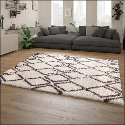 Produktbild von Hochflor Teppich Wohnzimmer Shaggy Langflor Skandi Rauten Muster Grau Creme Grösse 80x150 cm