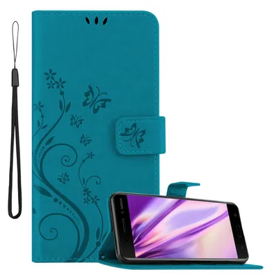 A teal flip phone case with a floral and butterfly design is shown open, with a smartphone inside. A wrist strap is attached to the left side of the case.