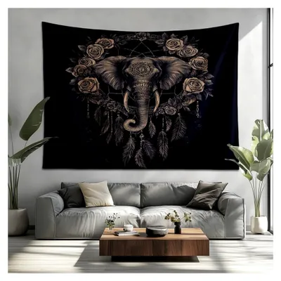 Produktbild von Schwarzer Wandteppich mit indischem Elefanten-Motiv als Traumfänger, Wandbehang für Schlafzimmer, Wohnheim, Wanddekoration, Tagesdecke, Wandbespannung oder Picknickdecke, 230x180cm