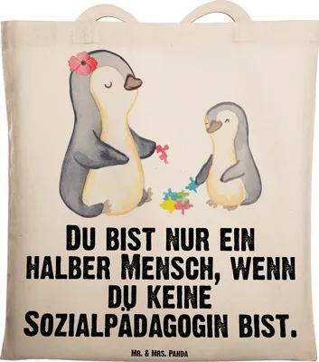 Produktbild von Mr. & Mrs. Panda Tote Bag Sozialpädagogin Herz - Transparent - Geschenk, Laptoptasche, Schultasche, Tasche, Jutebeutel, Unitasche