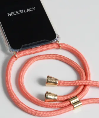 A close-up shot of a phone case with a coral reef colored lanyard attached.