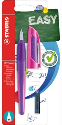 Zdjęcie produktu dla Szkolne pióro wieczne ze standardowym wkładem M - STABILO EASYbuddy w kolorze fioletowym/magenta - kolor pisania niebieski (wymazywalny) - pojedyncze pióro - w zestawie nabój