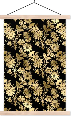 Produktbild von MuchoWow® Textilposter Muster - Blumen - Gold 40x60 cm mit holzfarbenen Rahmen - Poster