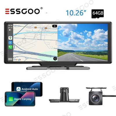 Zdjęcie produktu dla Lusterko wsteczne z monitorem, kamera samochodowa (dashcam) 4K, bezprzewodowe połączenie CarPlay i Android Auto, radio samochodowe z odtwarzaczem multimedialnym, 10-calowy ekran, przednia kamera, kamera cofania 1080P, podwójna kamera, wodoodporna