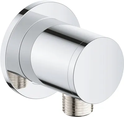 A close-up studio shot of a chrome shower outlet elbow.