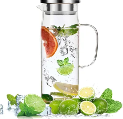 Produktbild von 1,5-Liter-Glaskaraffe, Wasserkaraffe mit Deckel und Griff, hitzebeständiger Wasserkocher, für heißes/kaltes Wasser, Wein, Eistee und Fruchtsaftgetränke