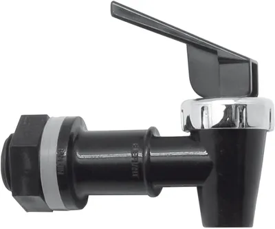A black plastic tap with a silver trim and a black lever handle, shown against a white background.