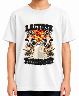 Imagen del producto de Camiseta para niños, color blanco, talla 152, con el texto "Leche para intolerantes a la lactosa, marca Action, diseño 'Explosión', modelo 'Panzer'"