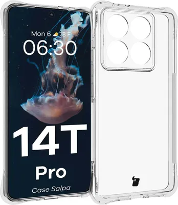 A clear protective case for a smartphone is shown next to the smartphone itself, which displays a jellyfish wallpaper.