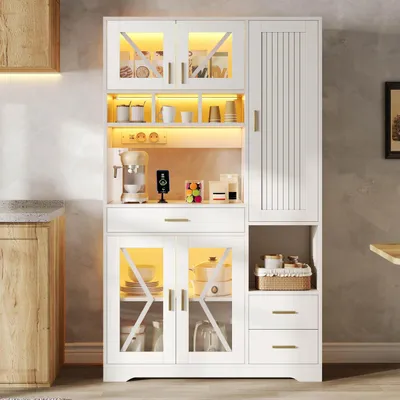 Immagine prodotto di Mobiletto buffet con prese di corrente e strisce LED, 5 ante, 3 cassetti, bianco, 185x105x40 cm