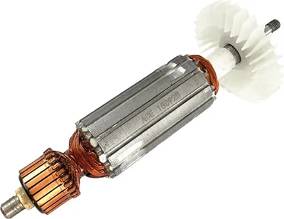 A close-up studio shot of an electric motor armature with a fan attached, isolated on a white background.