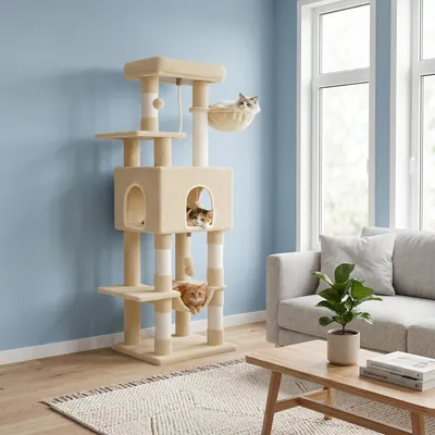 Produktbild von Fobyfurny 162 cm Kratzbaumturm für drinnen, große Versteckhöhle, beige | Kratzbaum mit großen Plattformen, mehrstöckiges Katzenaktivitätszentrum