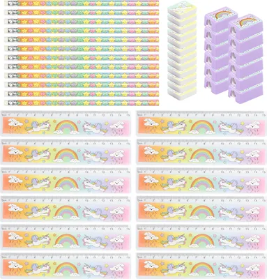Produktbild von com-four® 48-teiliges Kinder-Schreibset Einhorn - Schulutensilien mit Bleistift, Lineal, Anspitzer und Radiergummi für 12 Kinder - Mitgebsel Schrein bei Kindergeburtstag