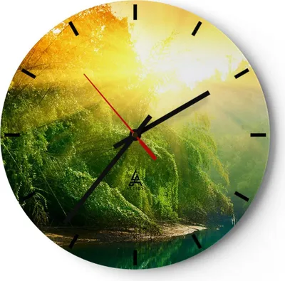 Produktbild von Wanduhr - Rund - Glasuhr - Tropen Bäume Fluss - 40x40cm - Schleichendes Uhrwerk - Lautlos - zum Aufhängen bereit - Dekoration Modern - Wanddekoration aus Glas - C3AR40x40-0166
