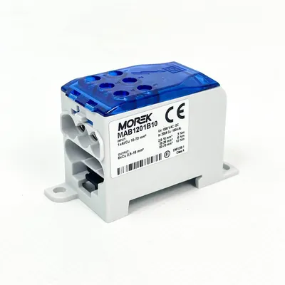 Imagen del producto de MOREK OJL200A, bloque de distribución, modelo MAB1201B10, color azul, 1 entrada de aluminio/cobre de 70 mm², 6 salidas de cobre de 16 mm², diseño compacto para una distribución de energía flexible