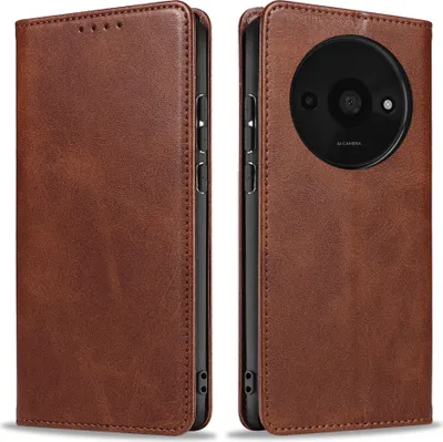 A brown leather flip case for a smartphone, shown from two angles.