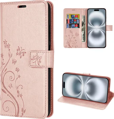 Produktbild von iPhone 16 Handyhülle – Klapphülle Schutzhülle Tasche mit Magnetverschluss & Kartenfächern - Roségold