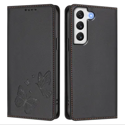 Image de Étui en cuir pour Samsung Galaxy S22+ 5G, motif papillon en relief, étui à rabat avec porte-appareil, noir