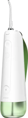 A white and green water flosser is shown against a white background.