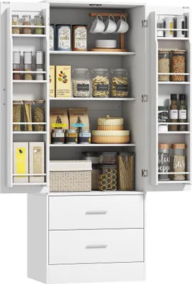 Image de HOMCOM Buffet haut cuisine, armoire de cuisine, vaisselier, 2 portes, 4 compartiments, 8 porte-épices, 2 tiroirs, étagères réglables, meuble de rangement pour salon, salle à manger, 60x40x159cm, blanc