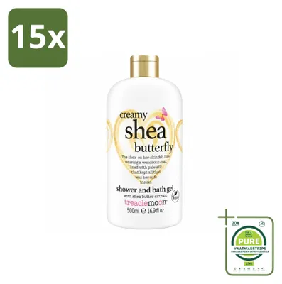 Imagen del producto de 15 unidades de gel limpiador y gel de ducha Creamy Shea Butterfly de Treaclemoon, formato de 500 ml. Pack grande