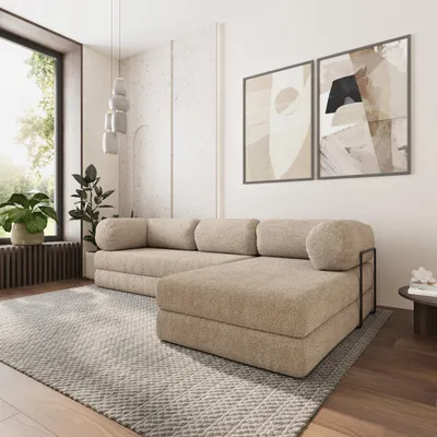 Produktbild von Masseno Ecksofa KELI mit Metallgestell, Modulares Schlafsofa aus Schaumstoff, Klappbares Bodensofa, Schlaffunktion - Beige, QUELLE 05