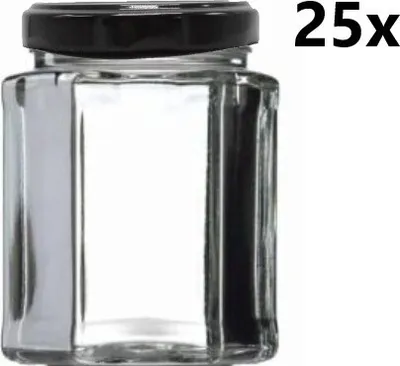 Obrázok produktu pre Varné sklo 278 ml šesťhranné číre 25 ks VČETNE čiernych viečok, počet kusov v balení: 25