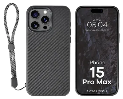 Produktbild von Hülle mit Handgelenkband für iPhone 15 Pro Max, Bizon Case CarbO, Schwarz
