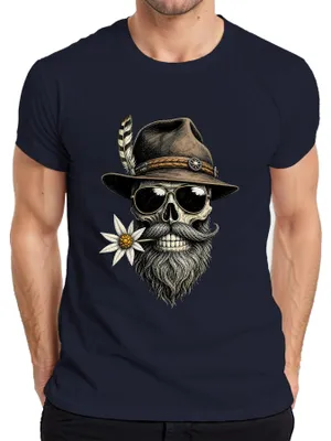 Produktbild von Totenkopf Bart Edelweiss Trachtenhut  Lederhose Dirndl Herren T-Shirt, Navy, 3XL