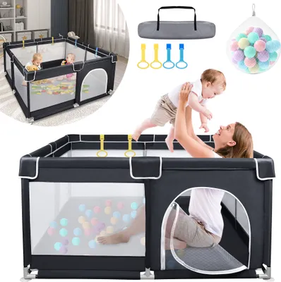 Obrázek produktu pro UISEBRT Dětská ohrádka 127 x 127 cm Neklouzavá ohrádka s kabelkou a mořskými míčky, bezpečnostní zábrana z oxfordské tkaniny, bezpečnostní brána - černá