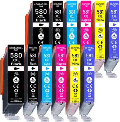 A collection of printer ink cartridges arranged in two rows.